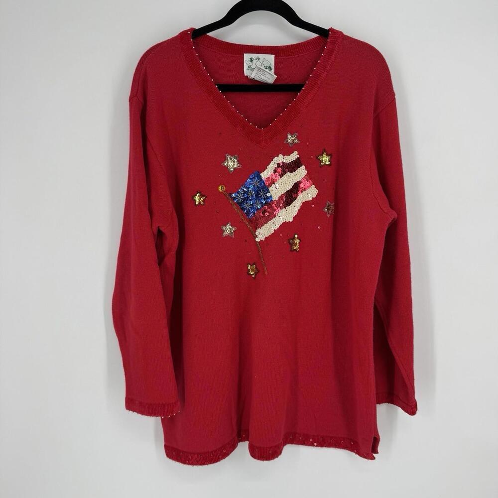 Quacker Factory sweater womens 1x red sequin  usa 4th of july americana summer